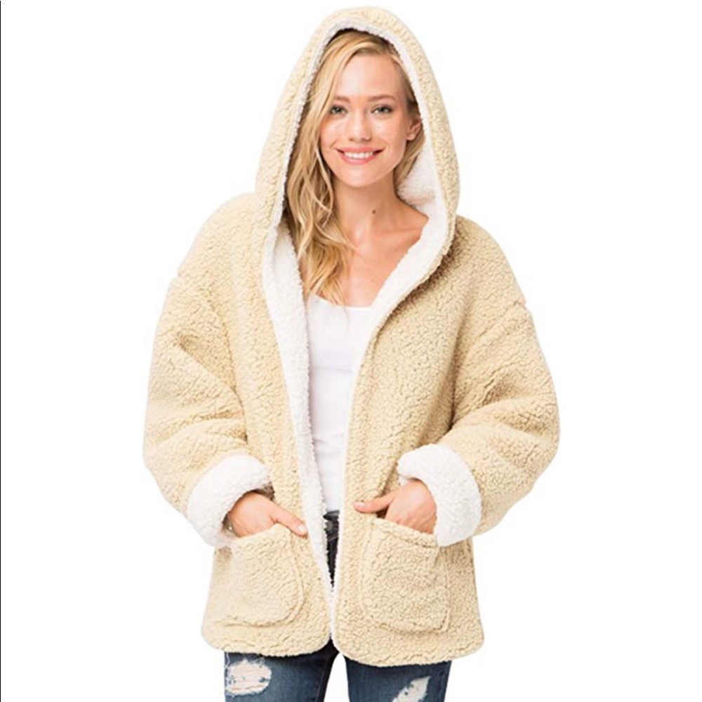 Reversible faux fur Sherpa teddy bear jacket beige - Picture 2 of 8
